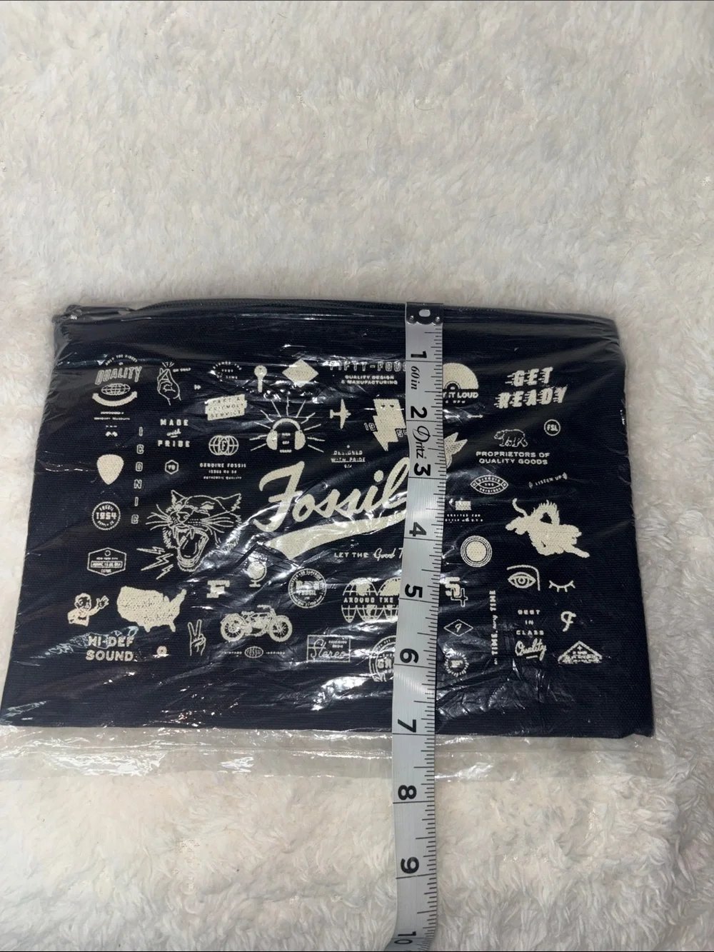 Fossil VintageGraphic Zipper Pouch Black Canvas Cosmetic Utility Bag New